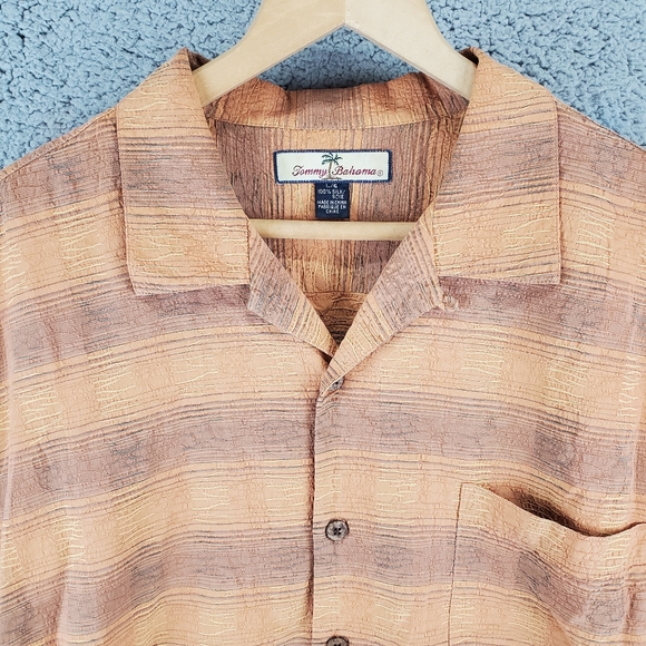 Tommy Bahama 100% Silk Button Up Casual Shirt Orange Striped Mens Large - Picture 2 of 8